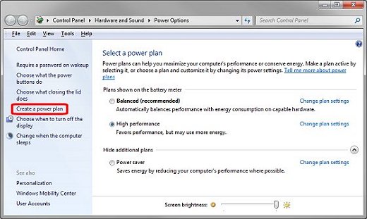 Selecting Create   a power plan